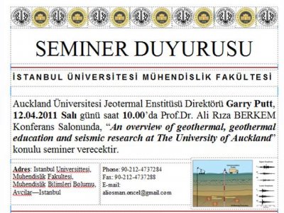 SEMİNER; AN OVERVIEW OF GEOTHERMAL GEOTHERMAL EDUCATION AND SEISMIC RESEARCH AT THE AUCKLAND UNIVERSITY